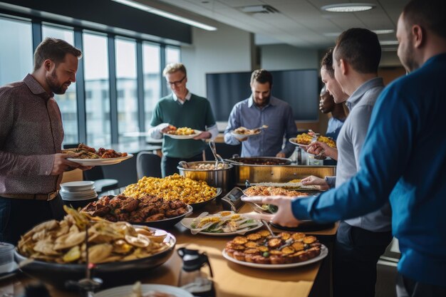 Een groep mensen die rond een tafel vol eten staan.