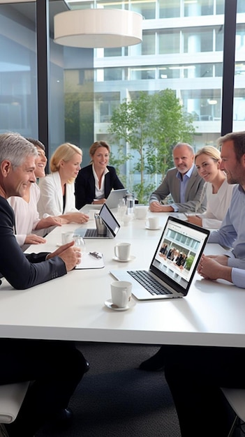 Foto een groep mensen die rond een tafel zitten met een laptop en een bord waarop staat recht