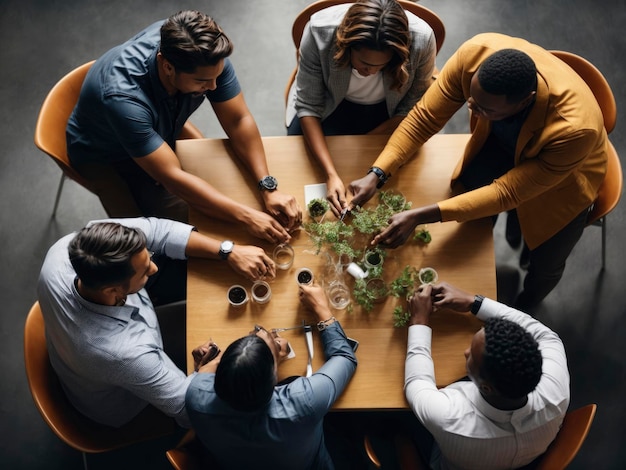 een groep mensen die rond een tafel zitten met kopjes koffie en planten