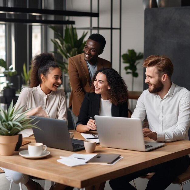 een groep mensen die rond een tafel zitten met laptops en een plant erop