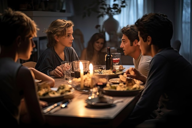Een groep mensen die rond een tafel zitten te eten