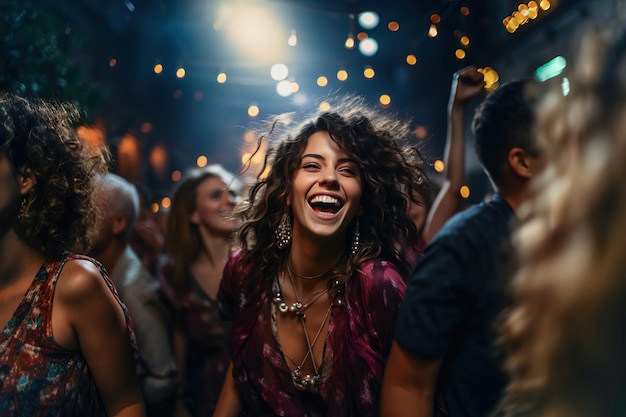 Een groep mensen die 's nachts op een feestje dansen