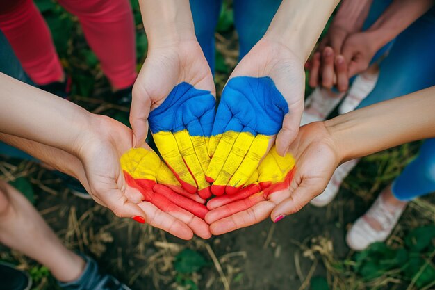 Een groep mensen die samen een vlag vasthouden in de natuur