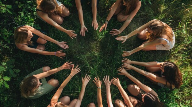 Foto een groep mensen die samen in een cirkel staan, geschikt voor teambuildingconcepten