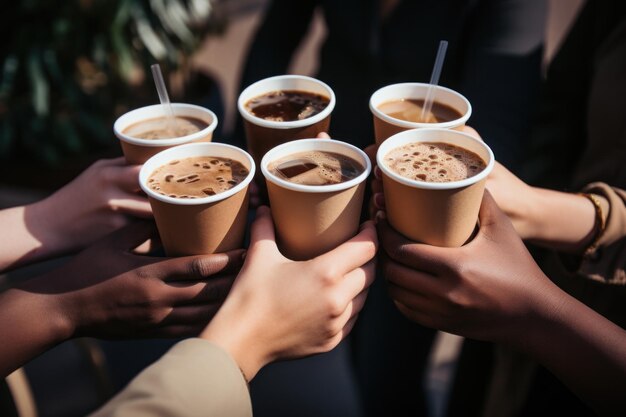 een groep mensen die samen koffie drinken met hun handen die hun kopjes ophouden