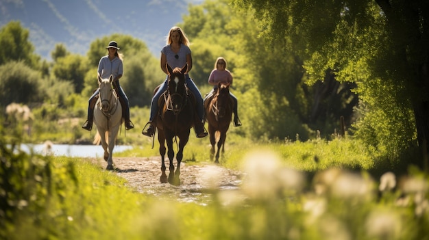 Een groep mensen die vreugdevol op de rug van majestueuze paarden rijden