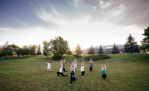 Een groep mensen doet yoga in het park bij zonsondergang. Gezonde levensstijl, meditatie en wellness.