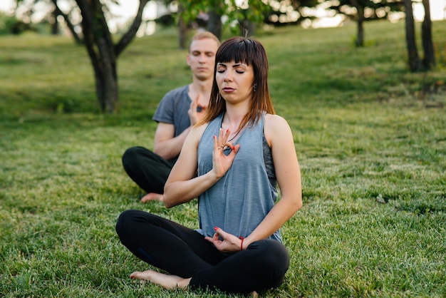 Een groep mensen doet yoga in het park bij zonsondergang. gezonde levensstijl, meditatie en wellness.