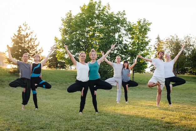 Een groep mensen doet yoga in het park bij zonsondergang