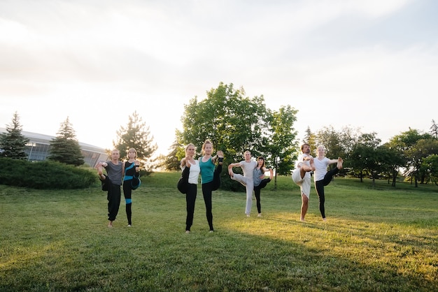 Een groep mensen doet yoga in het park bij zonsondergang