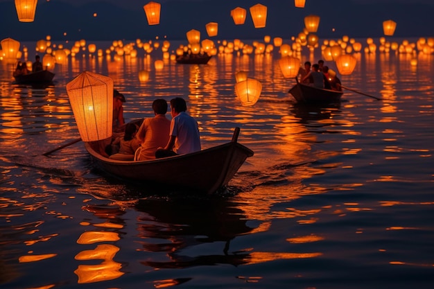 Een groep mensen drijft in een boot met verlichte papieren lantaarns.
