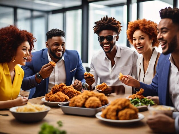 Een groep mensen eet eten en heeft plezier.