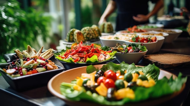 Een groep mensen genieten van een buffet met een verscheidenheid aan gerechten binnenshuis in een restaurant, waaronder vlees, kleurrijke groenten en fruit