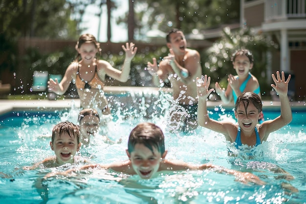 een groep mensen heeft plezier in een zwembad met water dat om hen heen spat