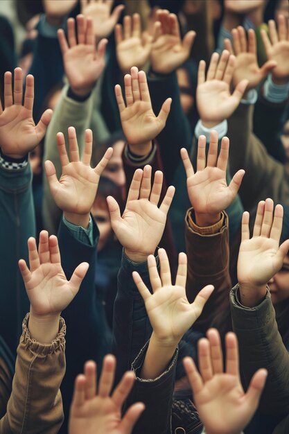 Foto een groep mensen heft hun handen in de lucht.