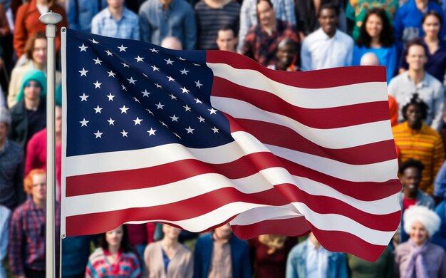 Een groep mensen houdt een Amerikaanse vlag vast.