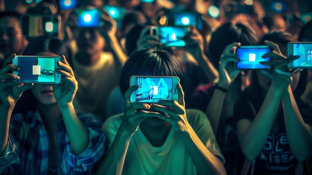 Foto een groep mensen houdt hun telefoons omhoog om foto's te maken van iets voor hen