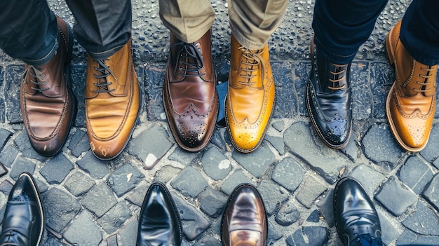 Foto een groep mensen in bruine zakelijke schoenen staat op een ordelijke manier samen en toont een gevoel van eenheid en verfijning