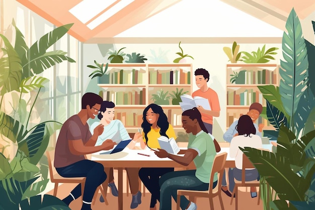 Een groep mensen in een café met een boek genaamd 'de bibliotheek'