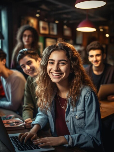 een groep mensen in een café met een meisje op de laptop.