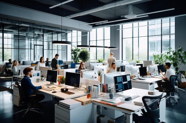 een groep mensen in een groot kantoor met een man die aan een bureau zit met een laptop en een monitor op het bureau