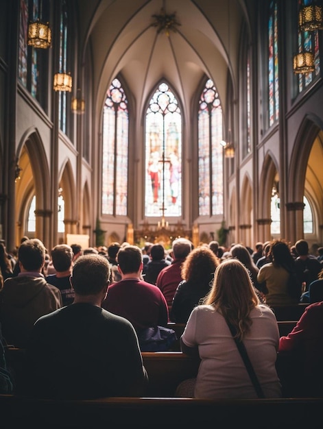 een groep mensen in een kerk met een gebrandschilderd glasvenster op de achtergrond.