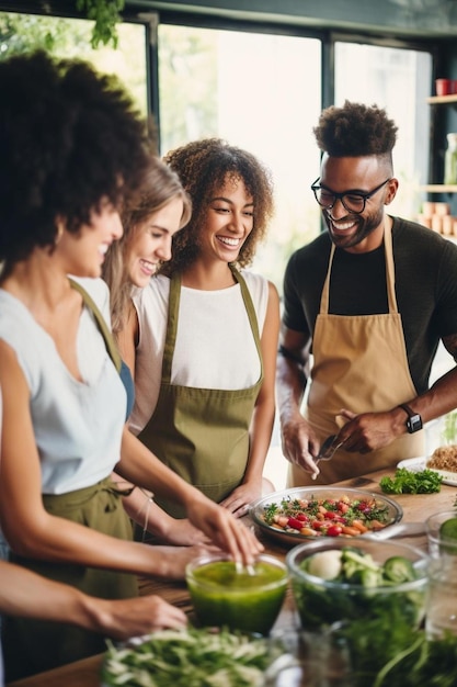 Foto een groep mensen in een keuken die voedsel bereidt