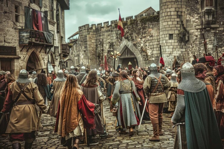 Foto een groep mensen in historische kostuums die een middeleeuwse scène spelen