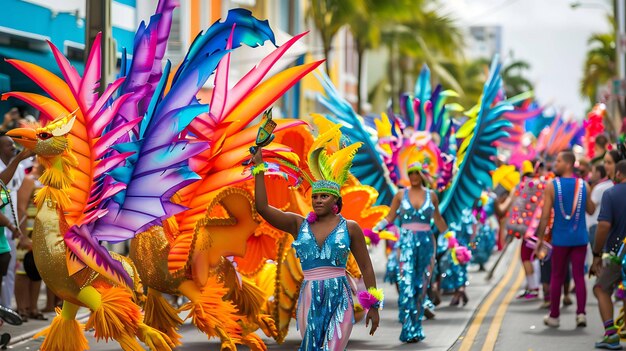 Een groep mensen in kleurrijke kostuums dansen en marcheren in een parade De parade vindt plaats op een straat in een stad