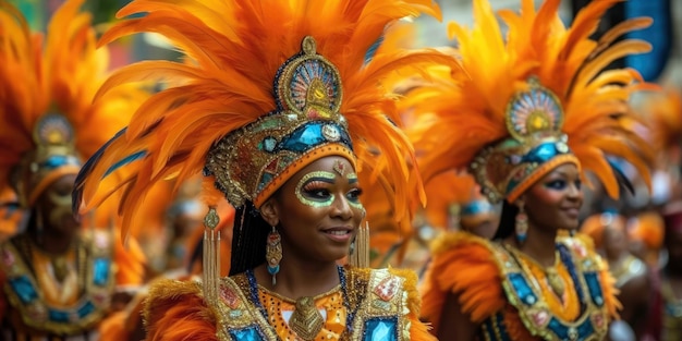 Een groep mensen in kostuums van het carnaval van Rio de Janeiro