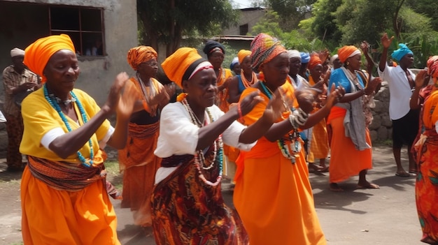 Een groep mensen in oranje en wit dansen in een straat.