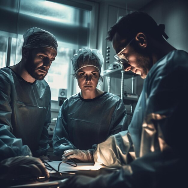 Een groep mensen in scrubs kijkt naar een monitor met de woorden "wij zijn de dokter" erop.