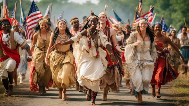 Een groep mensen in traditionele kleding die een culturele dans uitvoert of historische gebeurtenissen naspeelt