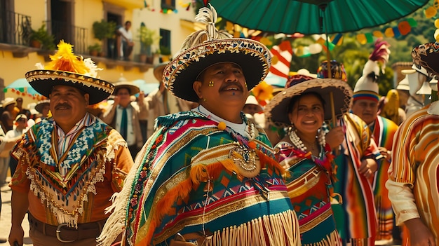 Foto een groep mensen in traditionele mexicaanse kleding viert een festival