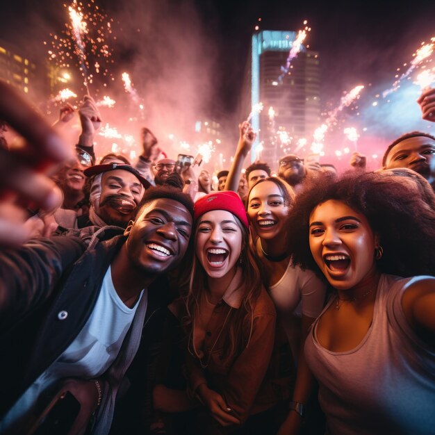 Een groep mensen in trendy outfits die poseren voor een selfie met de DJ op de achtergrond