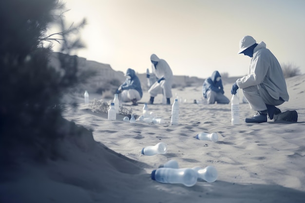 Een groep mensen in witte uniformen maakt flessen schoon in het zand.