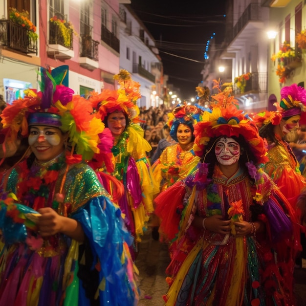 Een groep mensen is gekleed in kleurrijke kostuums en één draagt een masker