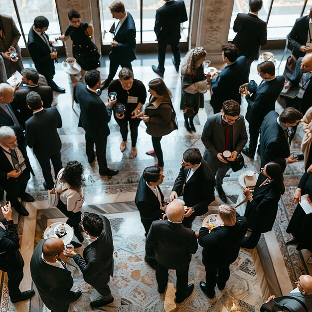 Een groep mensen is verzameld in een lobby met een groot raam op de achtergrond.