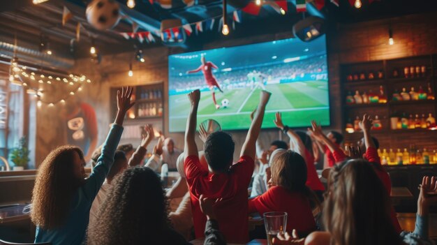 Een groep mensen kijkt naar een voetbalwedstrijd op een groot scherm AIG41