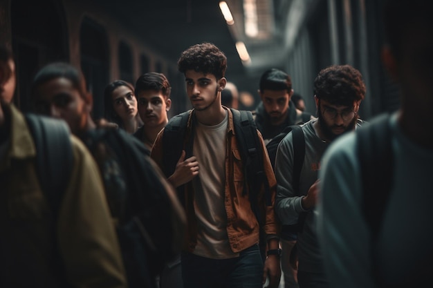 Een groep mensen loopt door een treinstation, een van hen draagt een bruin overhemd.