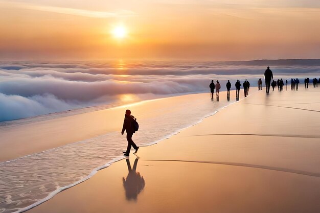 Foto een groep mensen loopt op het strand met de ondergaande zon achter zich.