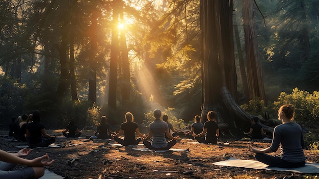 Foto een groep mensen mediteert in een bos de zon schijnt door de bomen