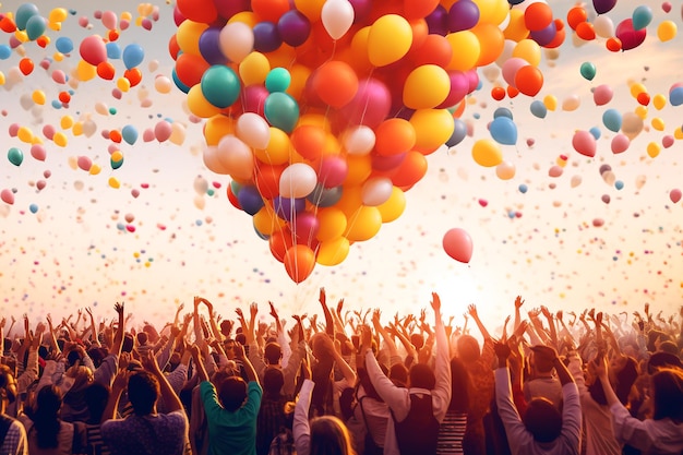 Een groep mensen met ballonnen in de lucht