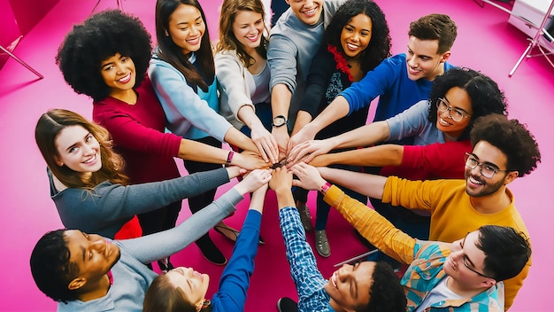 een groep mensen met één die een stapel handen vasthoudt