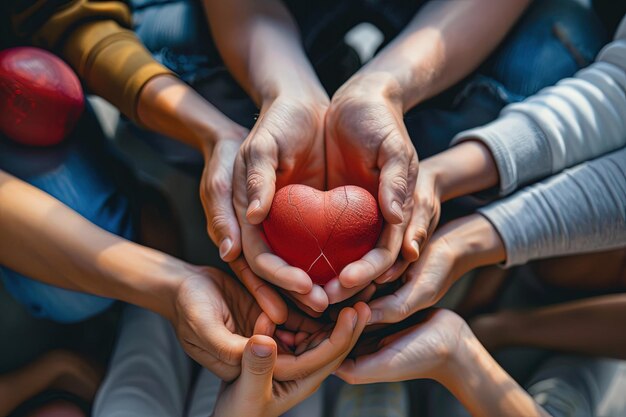 Foto een groep mensen met een rood hart in hun handen.