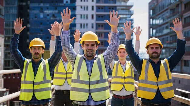 Een groep mensen met gele vesten die zeggen: "Hard werk".