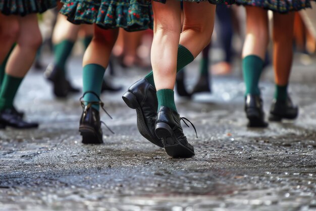 Foto een groep mensen met groene sokken en zwarte schoenen.