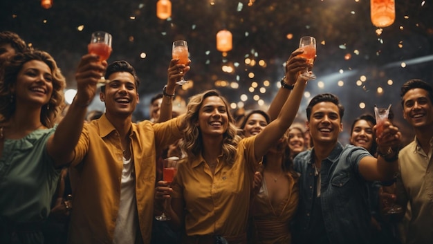 een groep mensen met hun cocktailflessen in een toast klinken ze samen en uitdrukken