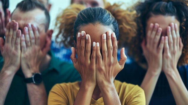 Een groep mensen met hun handen over hun oren en mond die de noodzaak van discretie vertegenwoordigen