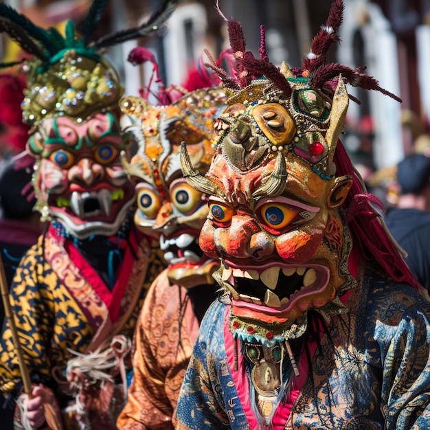 Een groep mensen met maskers waarop staat: "God".